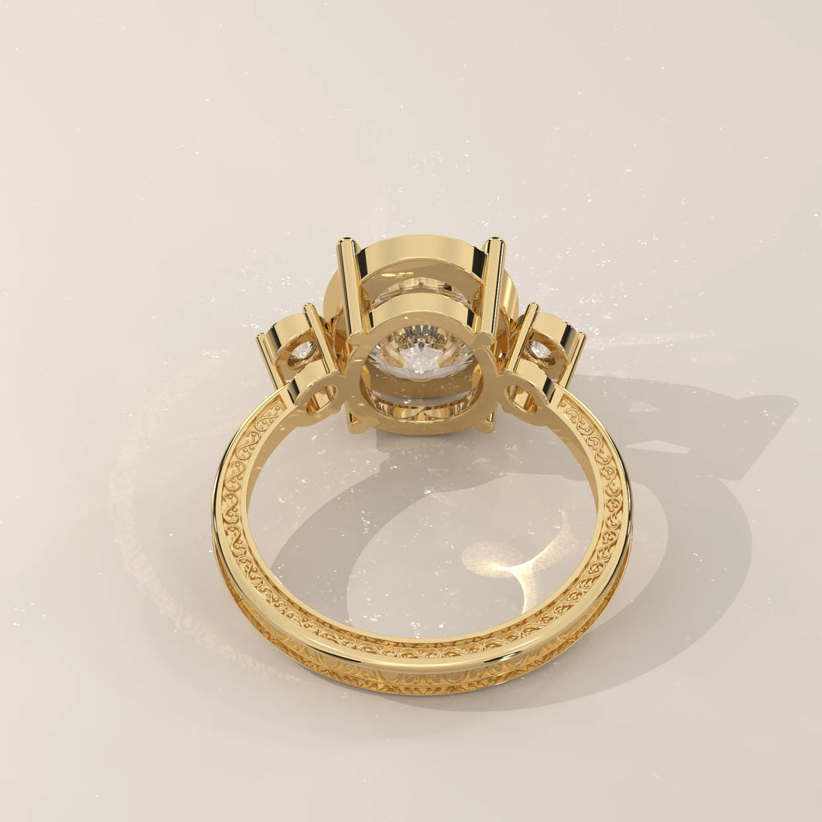 Karly 5 Carat Oval Lab Grown Diamond Three Stone Ring, Engraved Band in yellow gold, side profile view.