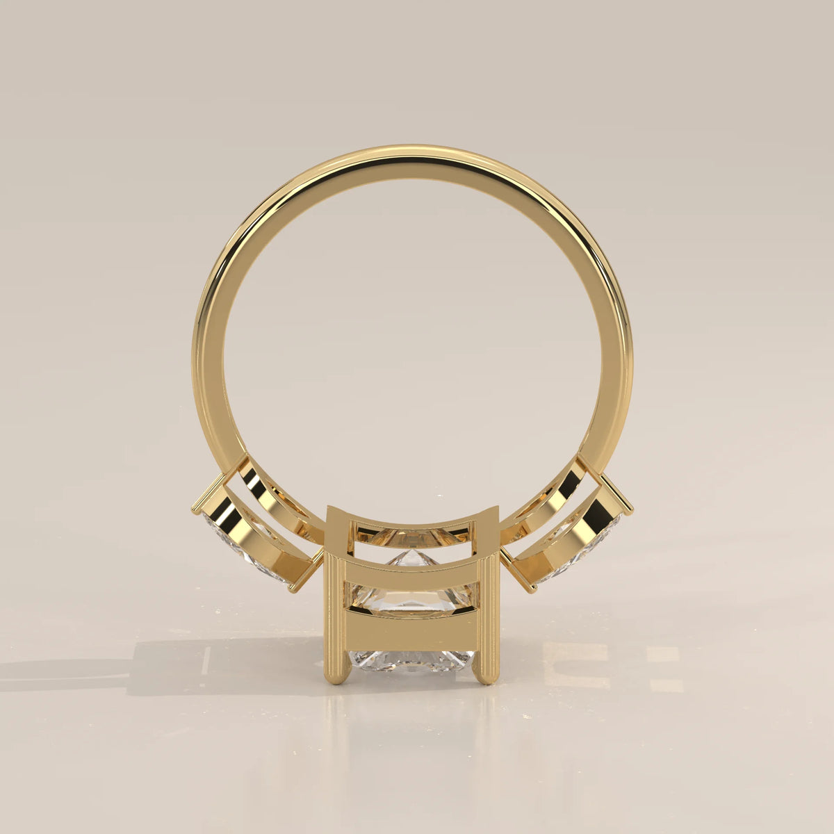 Krace 5 Carat Radiant Lab Grown Diamond Ring, Marquise Three Stone in yellow gold, photographed from the side.
