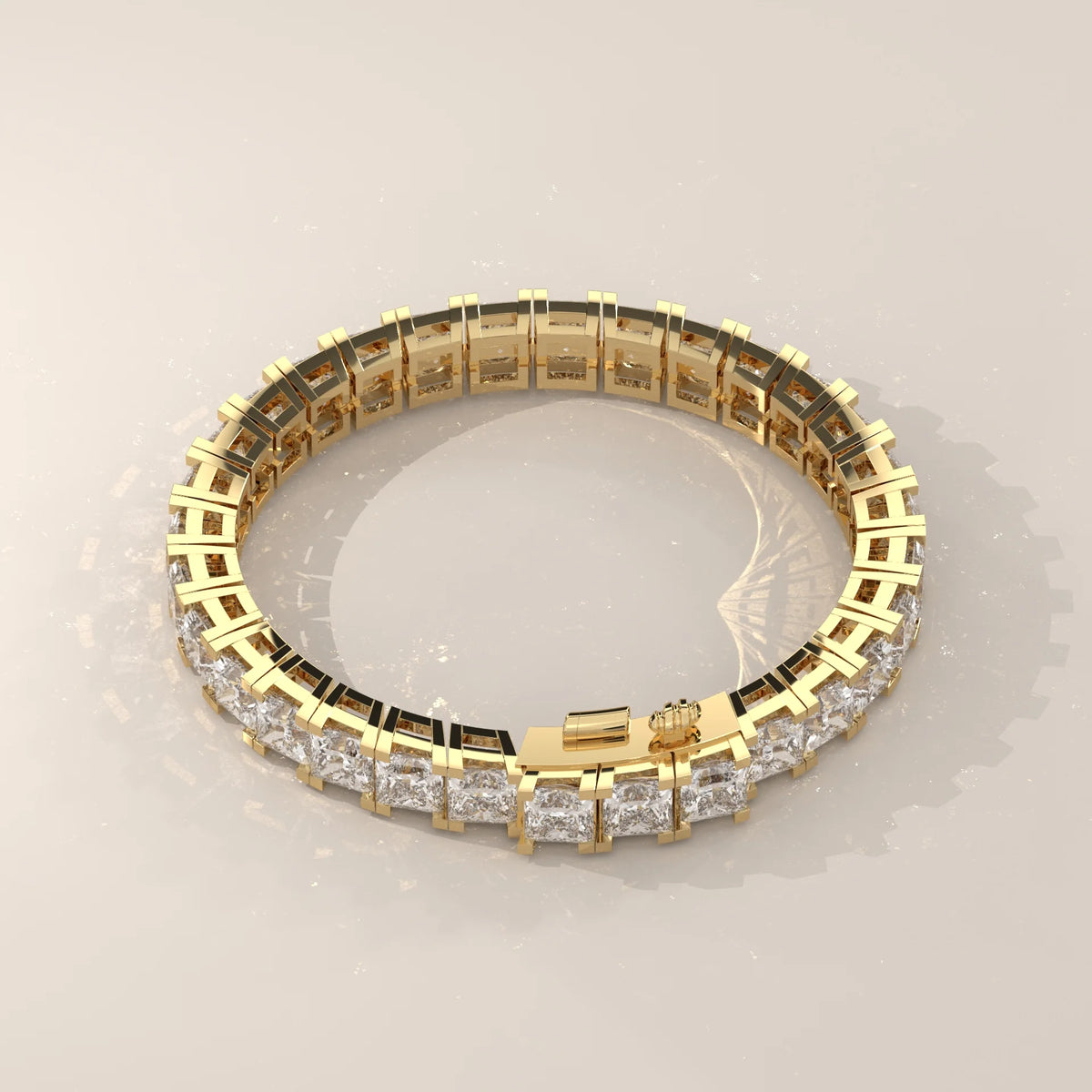 Large Princess Lab Grown Diamond Tennis Bracelet, Bar Setting in yellow gold, shown on a plain background.