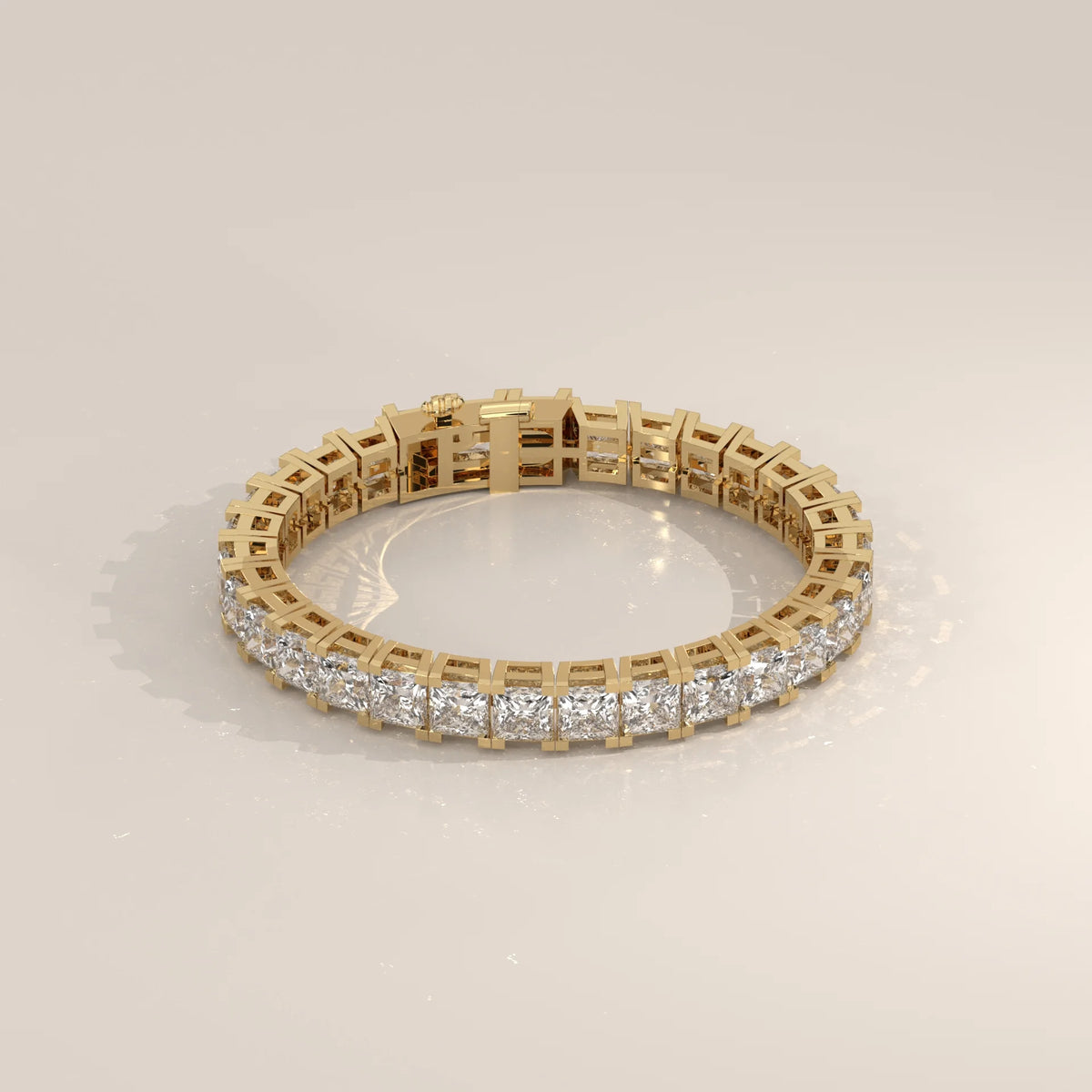 Large Princess Lab Grown Diamond Tennis Bracelet, Bar Setting in yellow gold, shown at an angle.