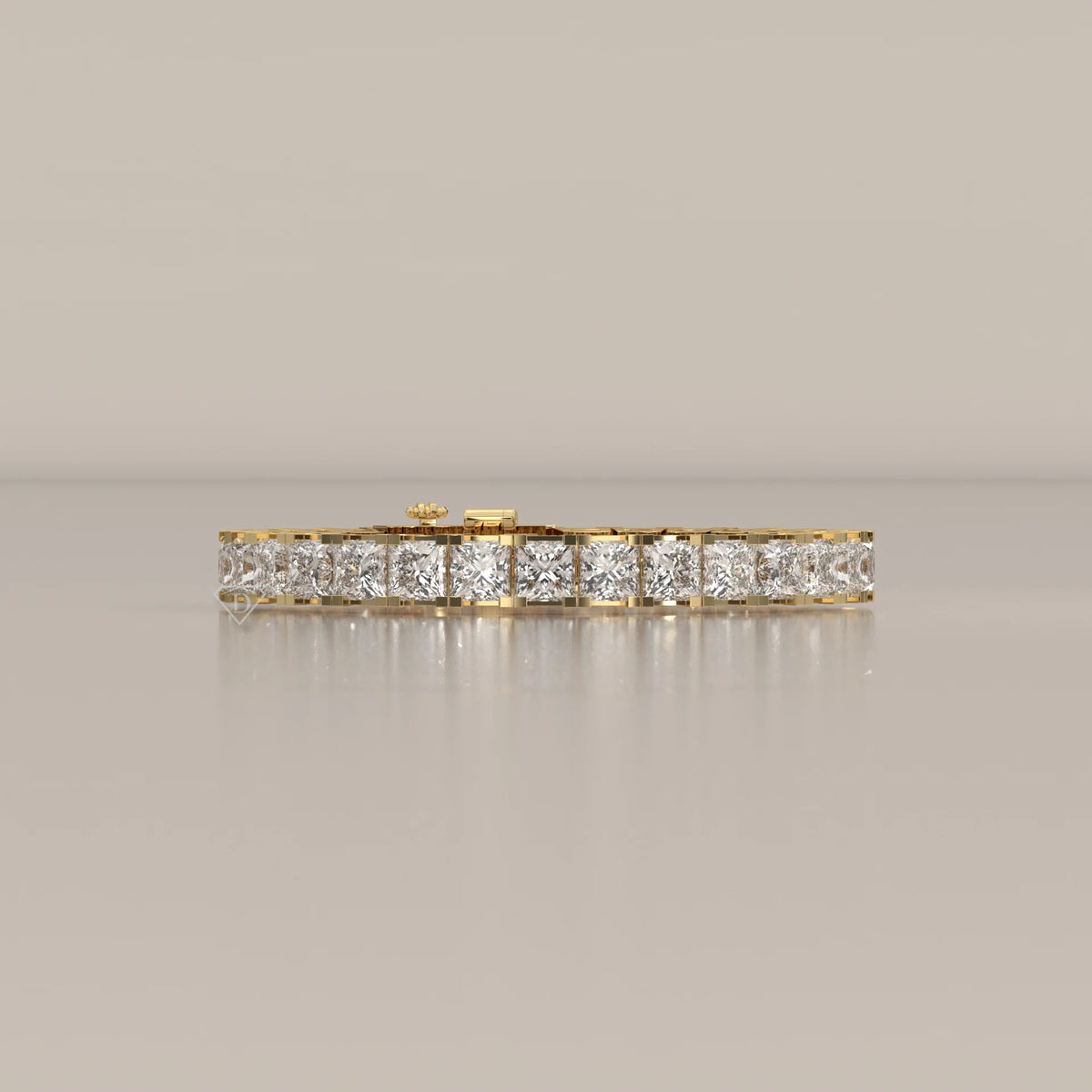 Large Princess Lab Grown Diamond Tennis Bracelet, Bar Setting in yellow gold, shown from the front.