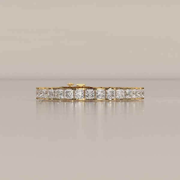 Large Princess Lab Grown Diamond Tennis Bracelet, Bar Setting in yellow gold, shown from the front.