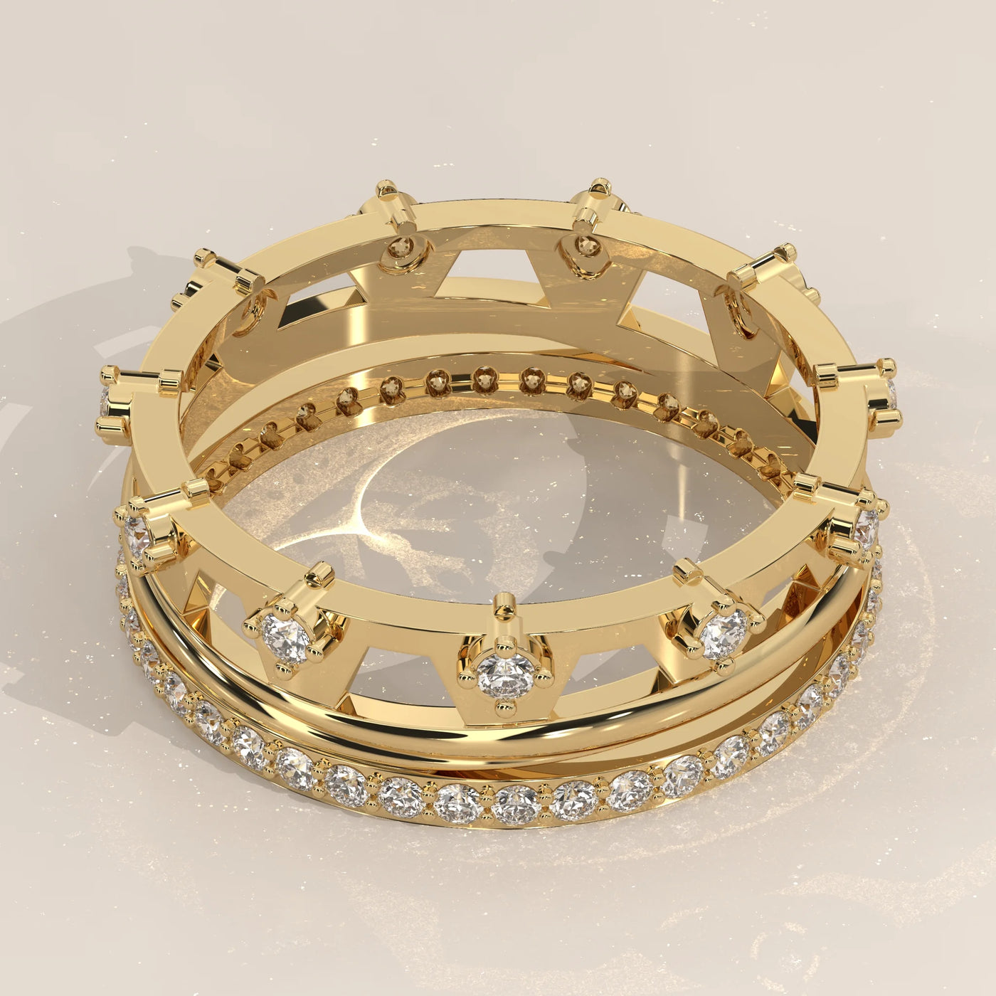Angle View: Round Diamond Statement Ring with Pavé Setting in Yellow Gold – Lab Grown – Driona Jewels