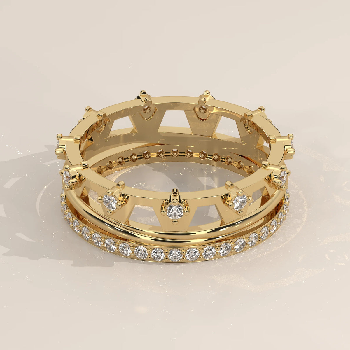 Three-Quarter View: Round Diamond Statement Ring with Pavé Setting in Yellow Gold – Lab Grown – Driona Jewels