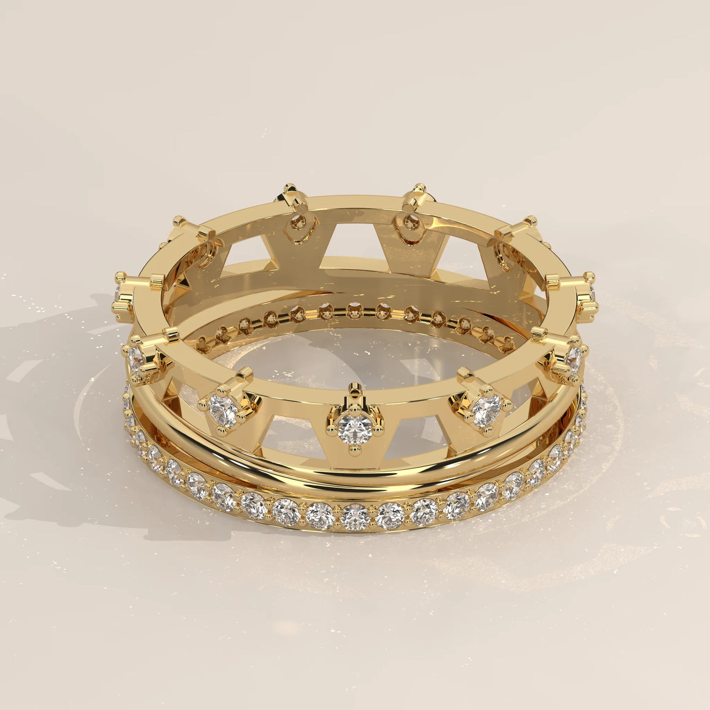 Three-Quarter View: Round Diamond Statement Ring with Pavé Setting in Yellow Gold – Lab Grown – Driona Jewels