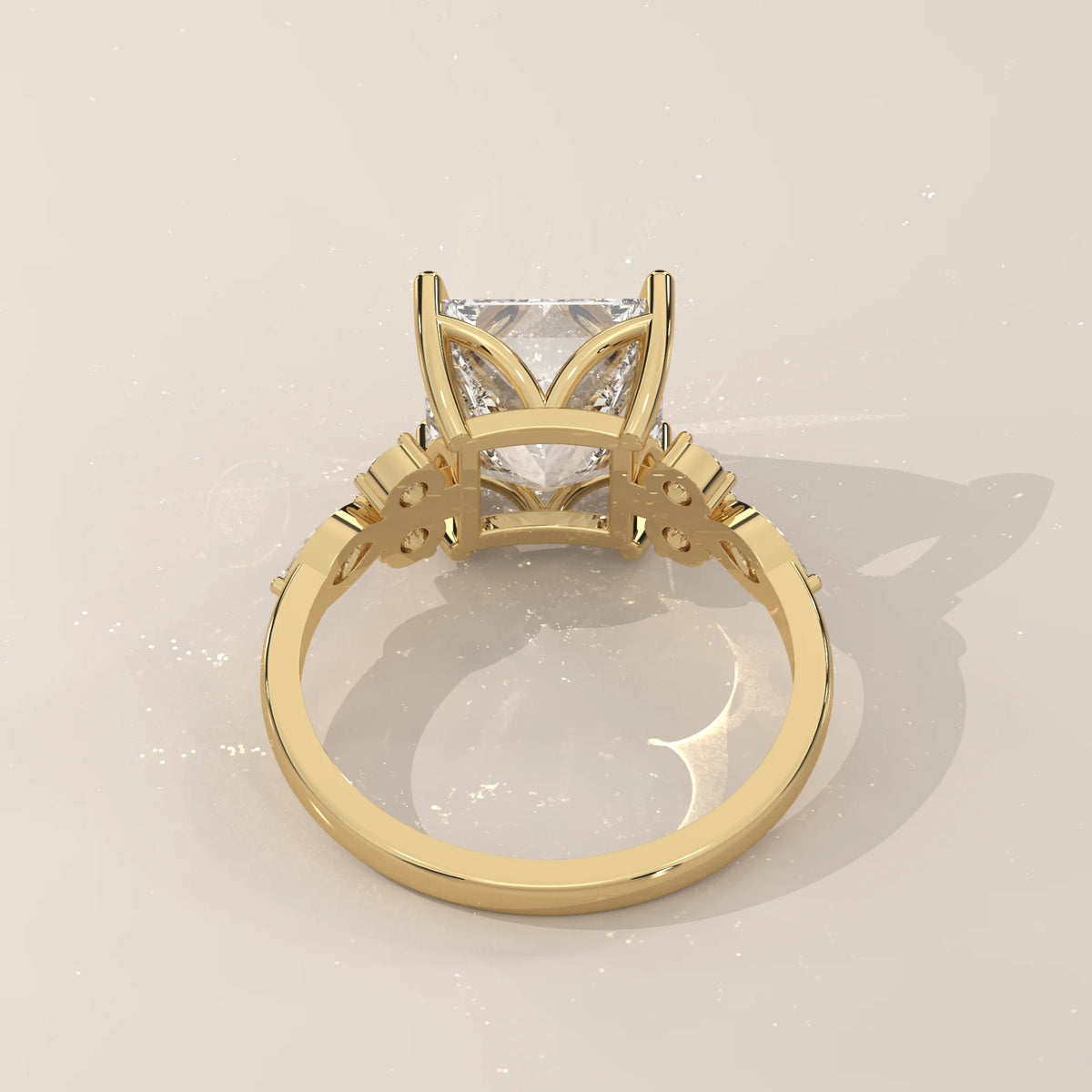 Layrana 5 Carat Princess Lab Grown Diamond Ring, Diamond Clusters in yellow gold, shown on a plain background.