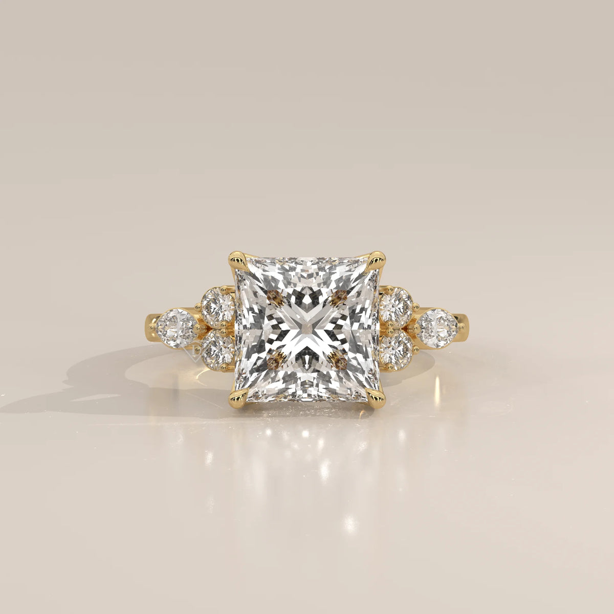 Layrana 5 Carat Princess Lab Grown Diamond Ring, Diamond Clusters in yellow gold, photographed head-on.