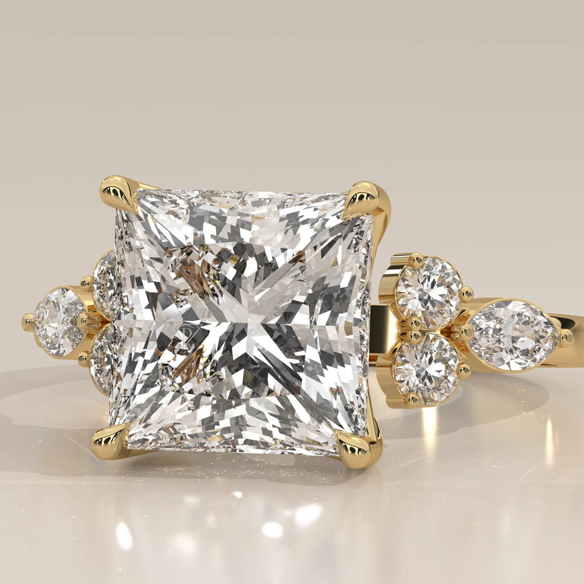 Layrana 5 Carat Princess Lab Grown Diamond Ring, Diamond Clusters in yellow gold, front view on a plain background.