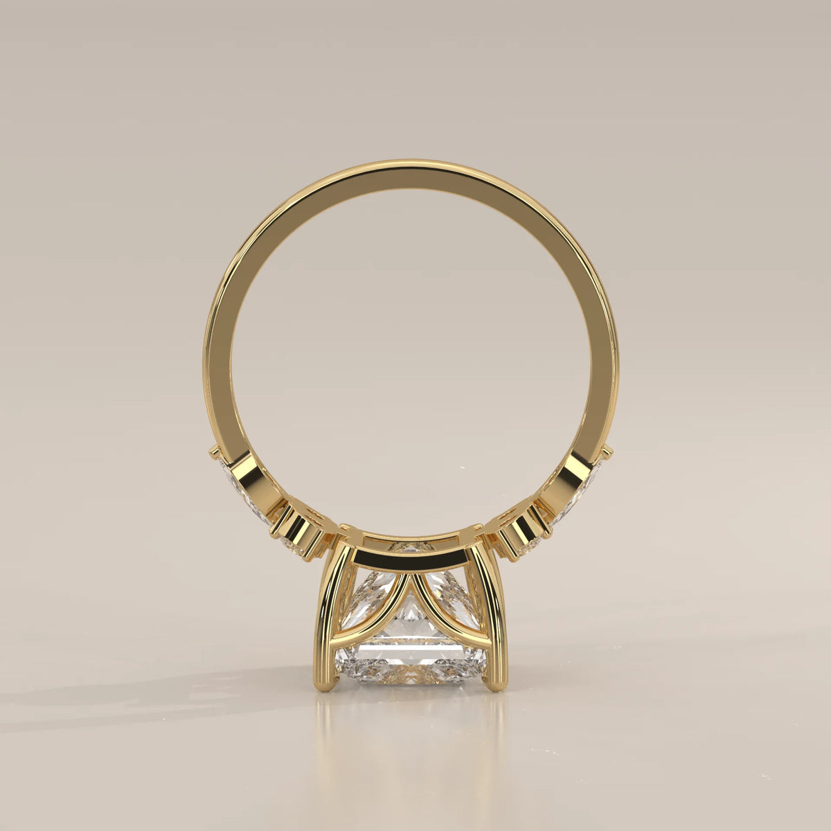 Layrana 5 Carat Princess Lab Grown Diamond Ring, Diamond Clusters in yellow gold, shown from the side.
