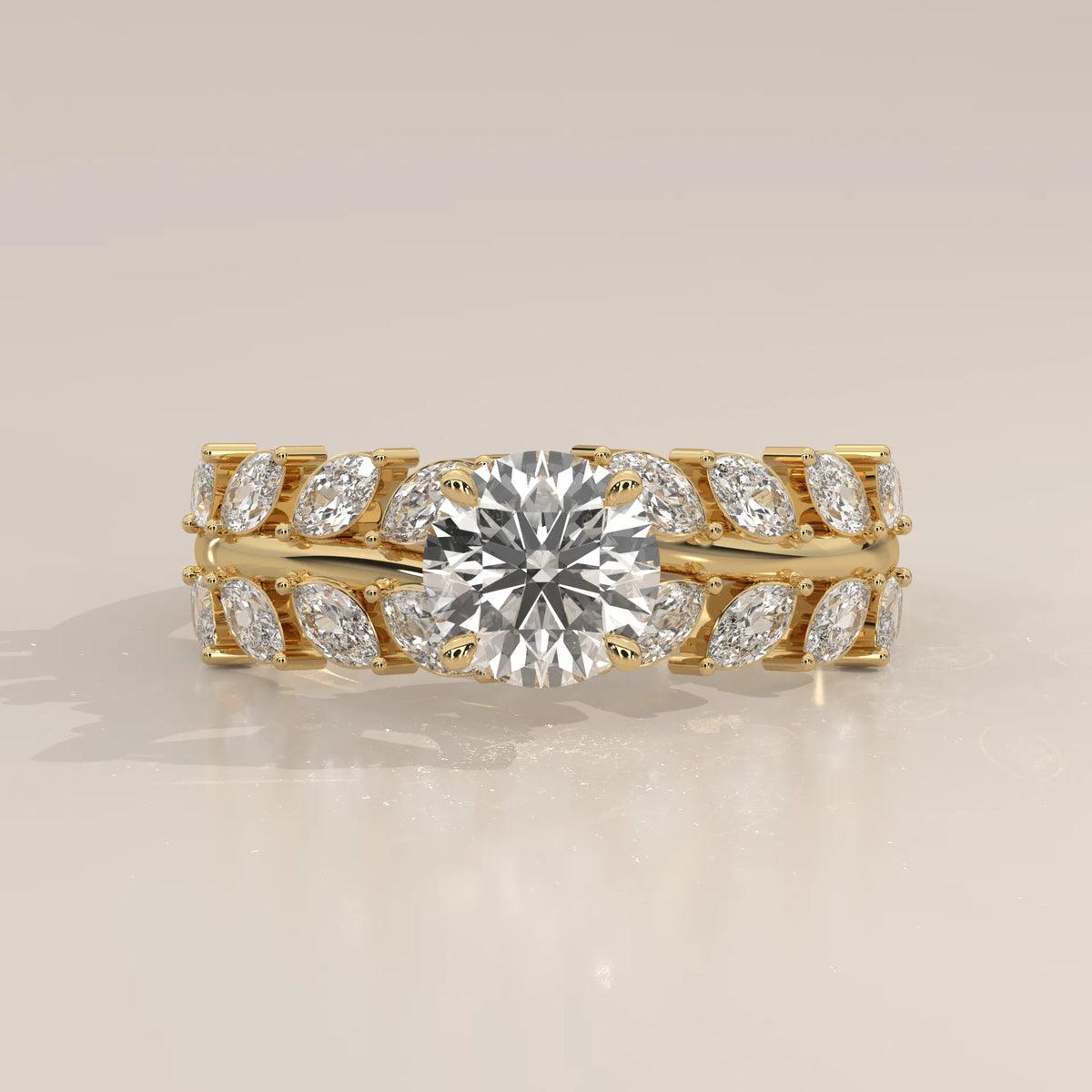 Round Lab Grown Diamond Ring with Double Marquise Leaf Band in yellow gold, photographed head-on.