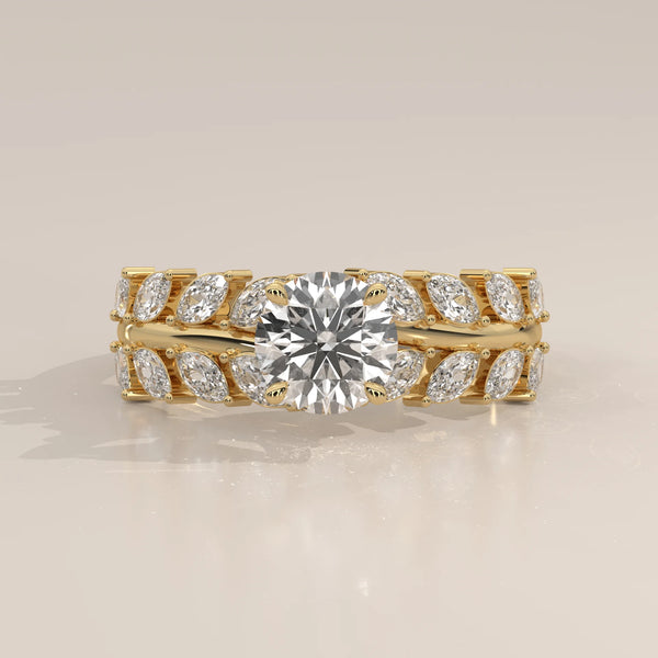 Round Lab Grown Diamond Ring with Double Marquise Leaf Band in yellow gold, photographed head-on.