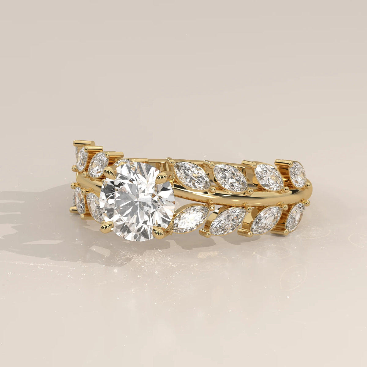 Round Lab Grown Diamond Ring with Double Marquise Leaf Band in yellow gold, front view on a plain background.