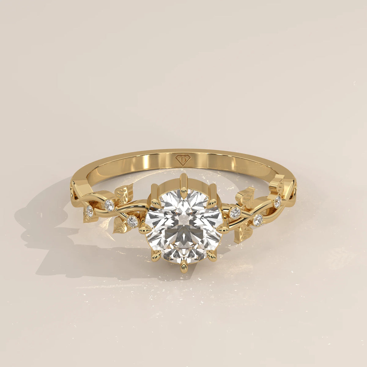 Round Lab Grown Diamond Vine Ring with Leaf Details and Accents in yellow gold, shown from the front.