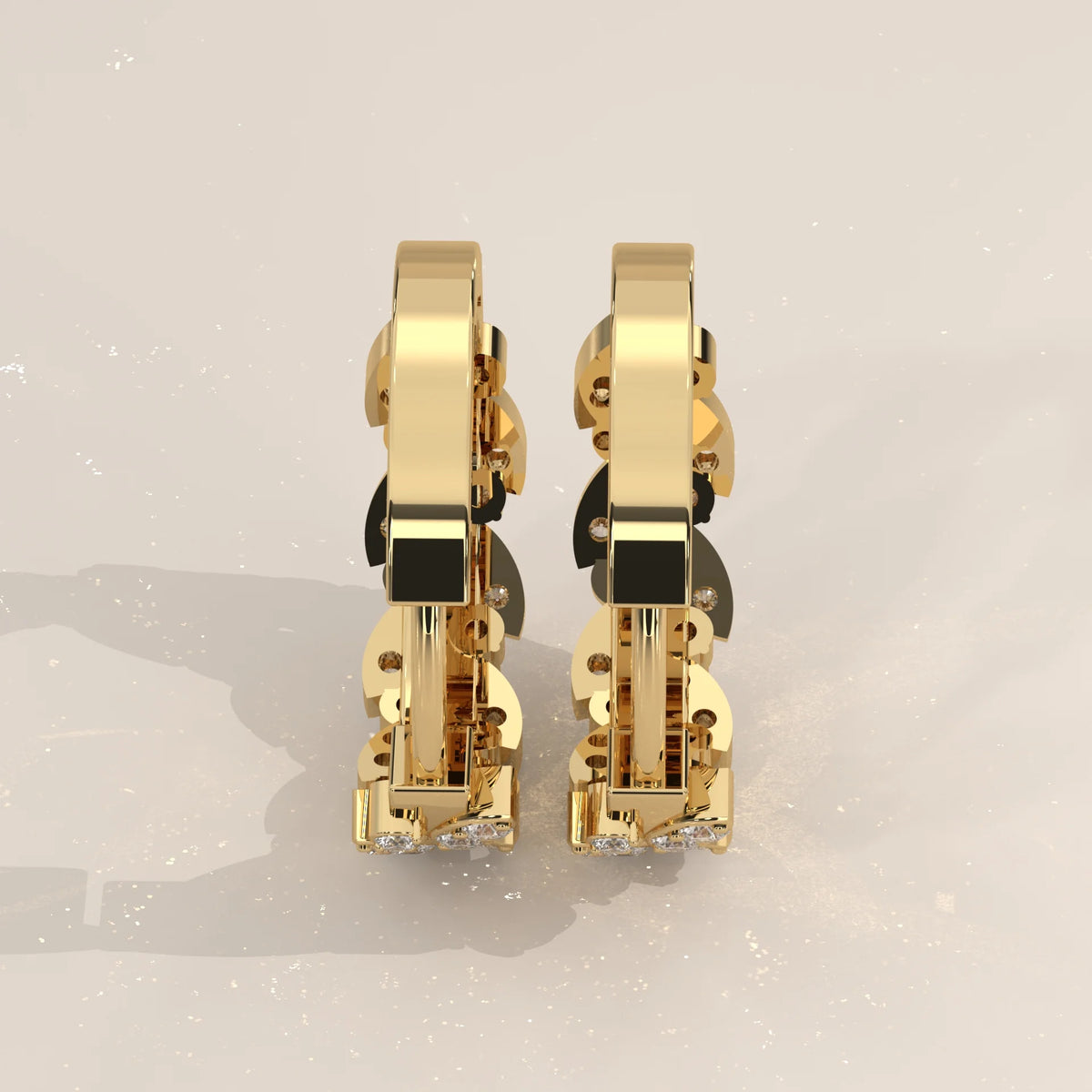 Leaf Vine Round Lab Grown Diamond Hinged Hoop Earrings in yellow gold, shown on a plain background.