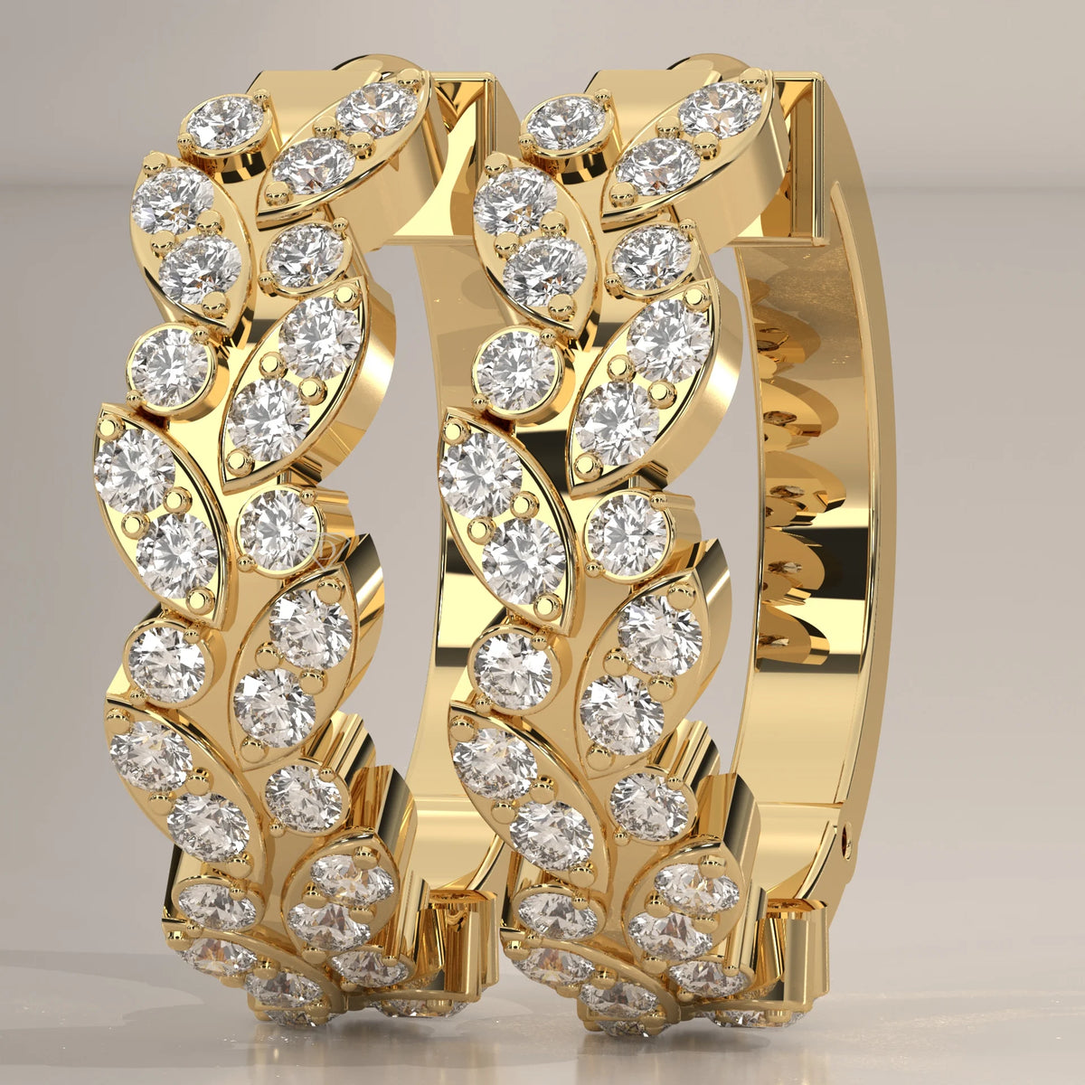Leaf Vine Round Lab Grown Diamond Hinged Hoop Earrings in yellow gold, photographed head-on.