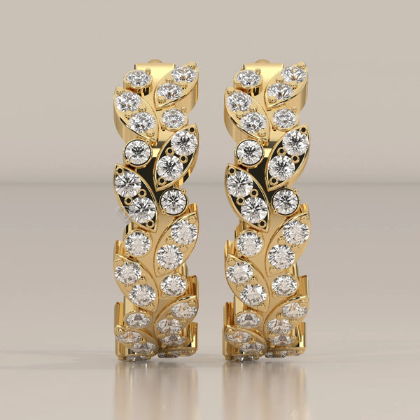 Leaf Vine Round Lab Grown Diamond Hinged Hoop Earrings in yellow gold, shown from the front.