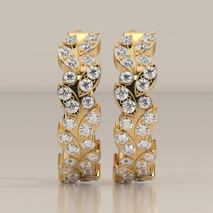 Leaf Vine Round Lab Grown Diamond Hinged Hoop Earrings in yellow gold, shown from the front.