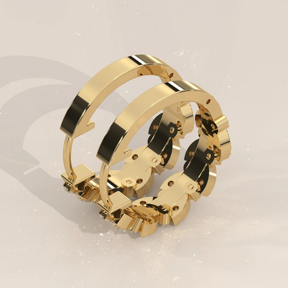 Leaf Vine Round Lab Grown Diamond Hinged Hoop Earrings in yellow gold, photographed from the side.