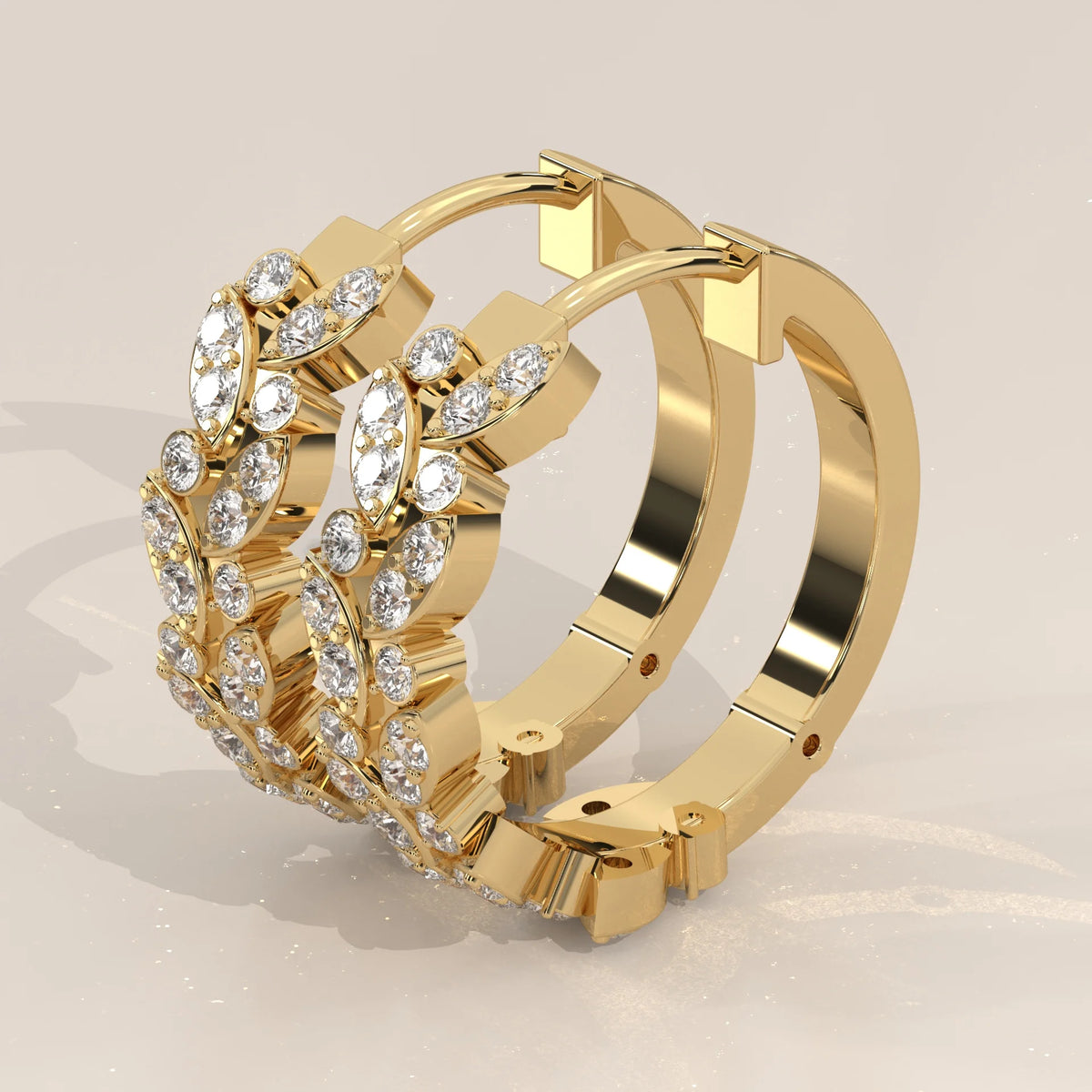 Leaf Vine Round Lab Grown Diamond Hinged Hoop Earrings in yellow gold, shown from the side.