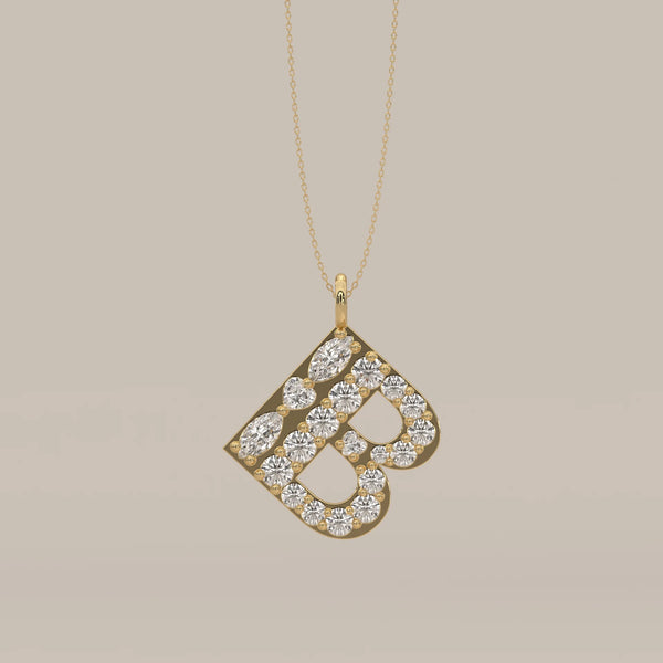 Letter B Initial Pendant with Mixed Cut Lab Grown Diamonds in yellow gold, shown at an angle.