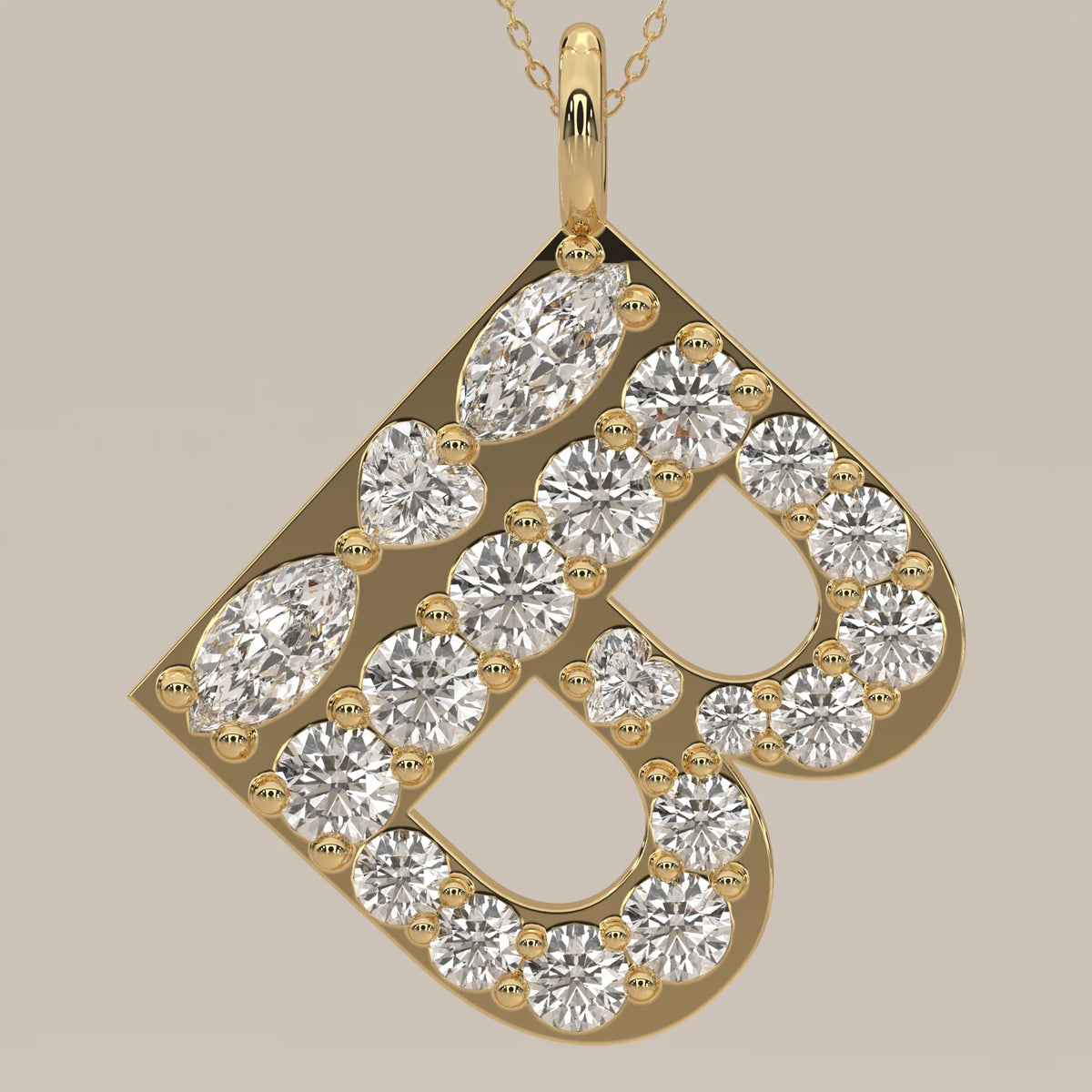 Letter B Initial Pendant with Mixed Cut Lab Grown Diamonds in yellow gold, front view on a plain background.