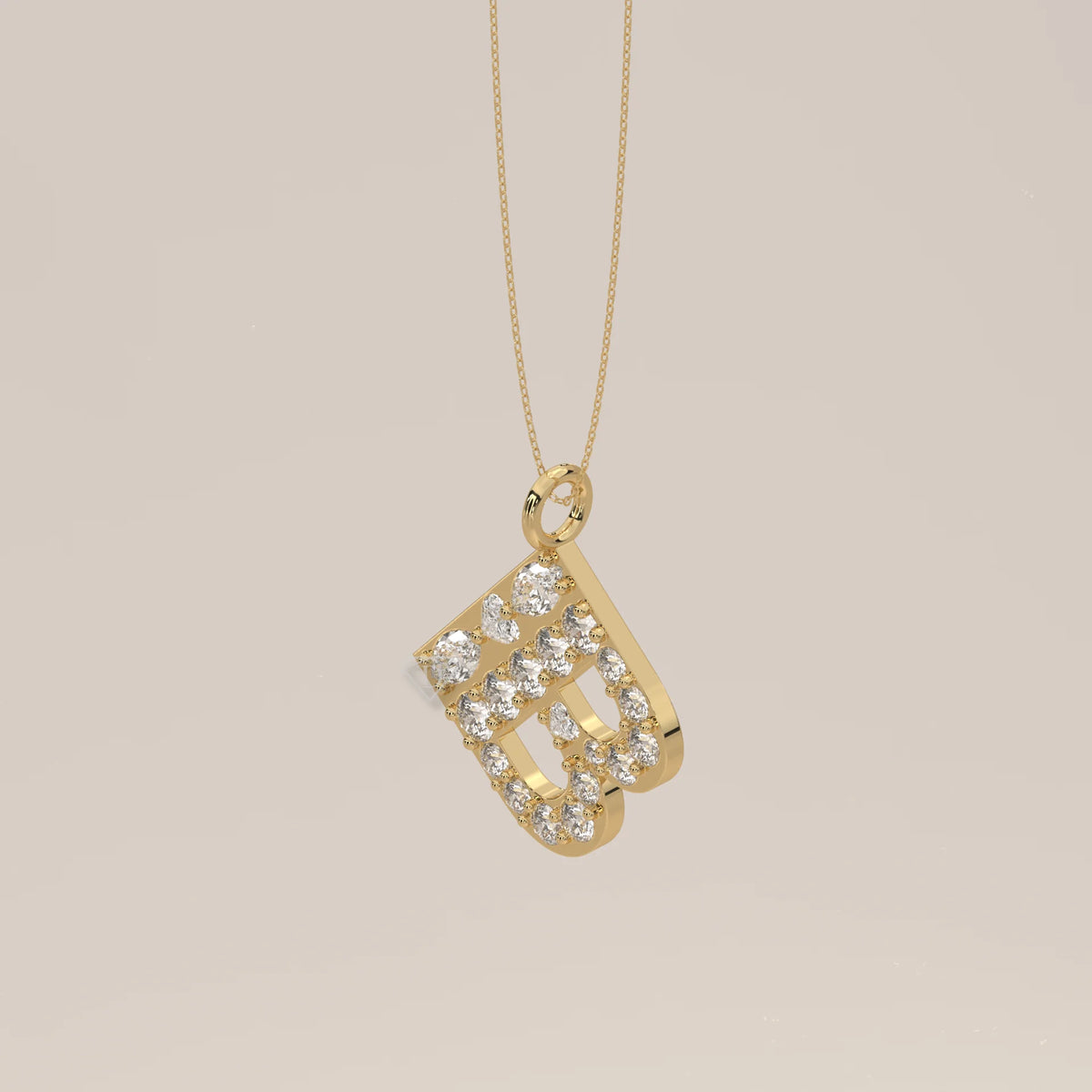 Letter B Initial Pendant with Mixed Cut Lab Grown Diamonds in yellow gold, shown from the front.