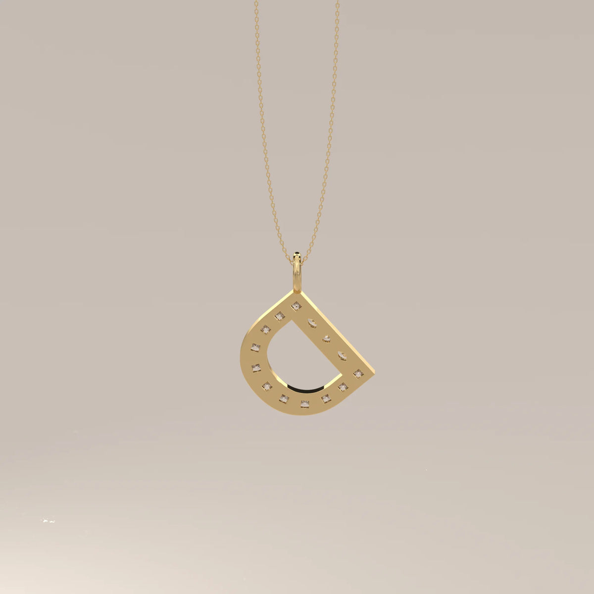 Letter D Initial Pendant with Princess Cut Lab Grown Diamonds in yellow gold, photographed head-on.