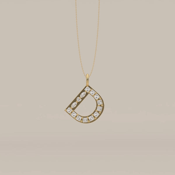 Letter D Initial Pendant with Princess Cut Lab Grown Diamonds in yellow gold, shown from the front.
