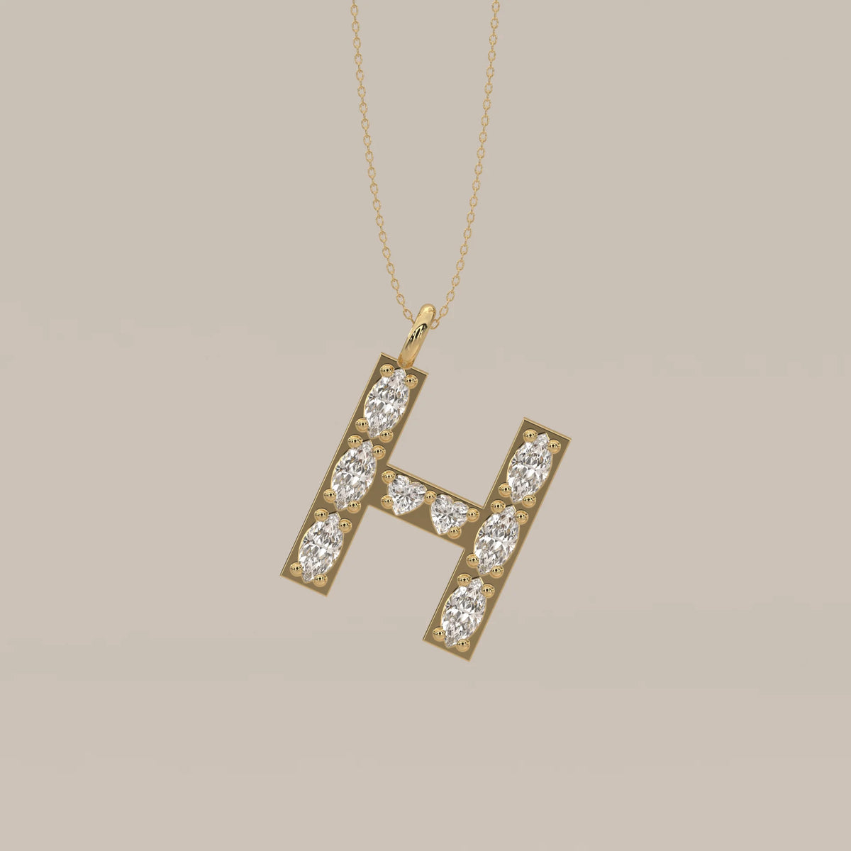 Letter H Initial Pendant with Marquise Lab Grown Diamonds in yellow gold, shown from the front.