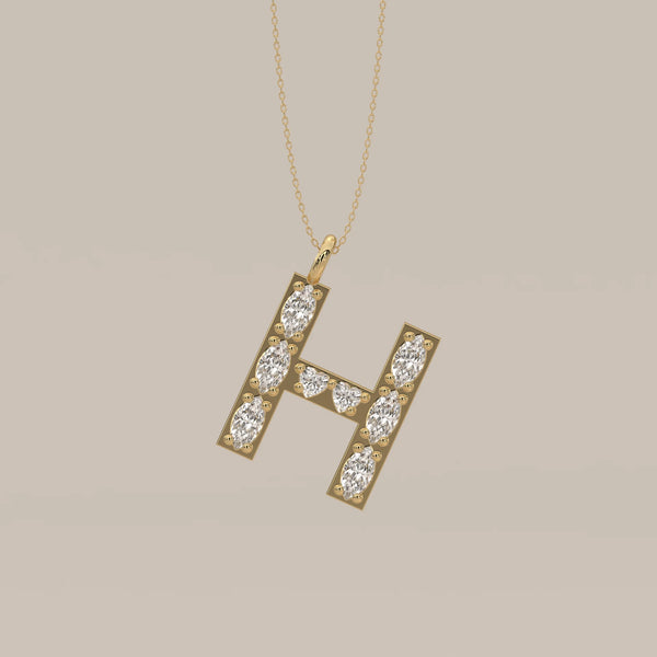 Letter H Initial Pendant with Marquise Lab Grown Diamonds in yellow gold, shown from the front.