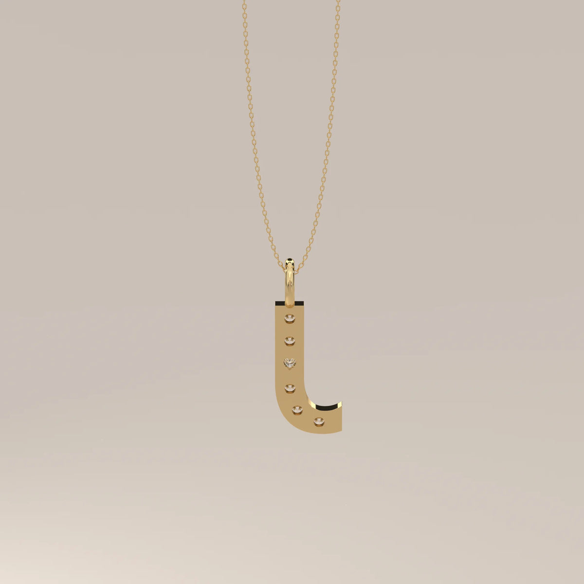 Letter J Initial Pendant with Round Lab Grown Diamonds in yellow gold, photographed head-on.