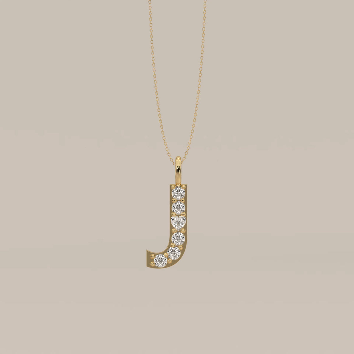 Letter J Initial Pendant with Round Lab Grown Diamonds in yellow gold, shown from the front.