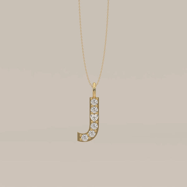 Letter J Initial Pendant with Round Lab Grown Diamonds in yellow gold, shown from the front.