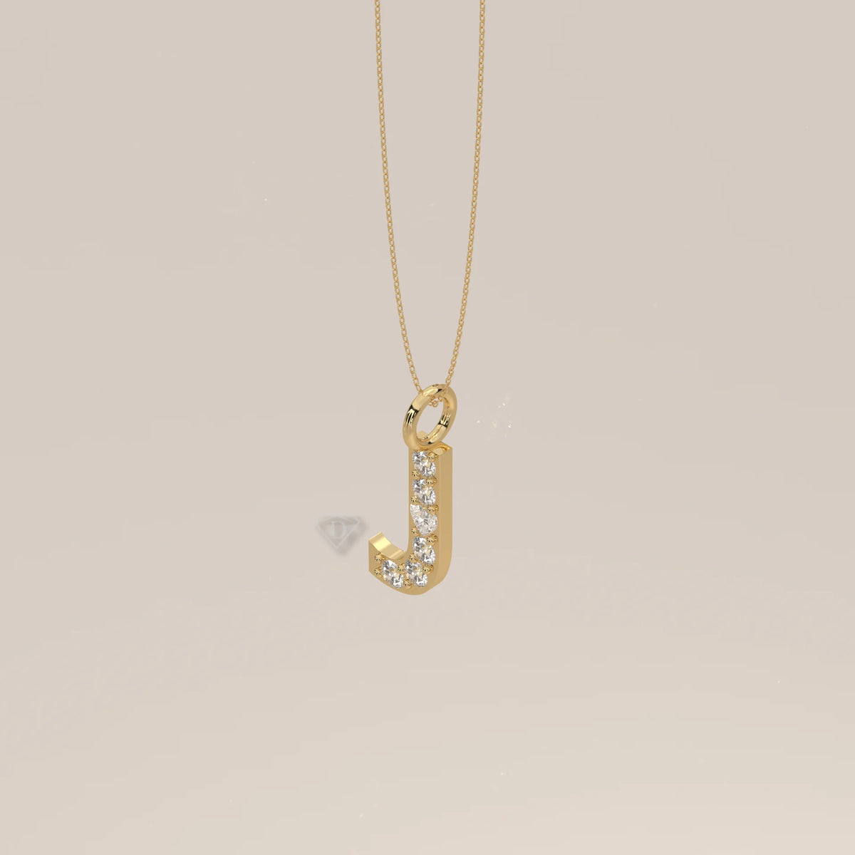 Letter J Initial Pendant with Round Lab Grown Diamonds in yellow gold, shown from the side.