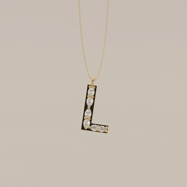 Letter L Initial Pendant with Pear Shaped Lab Grown Diamonds in yellow gold, shown from the front.