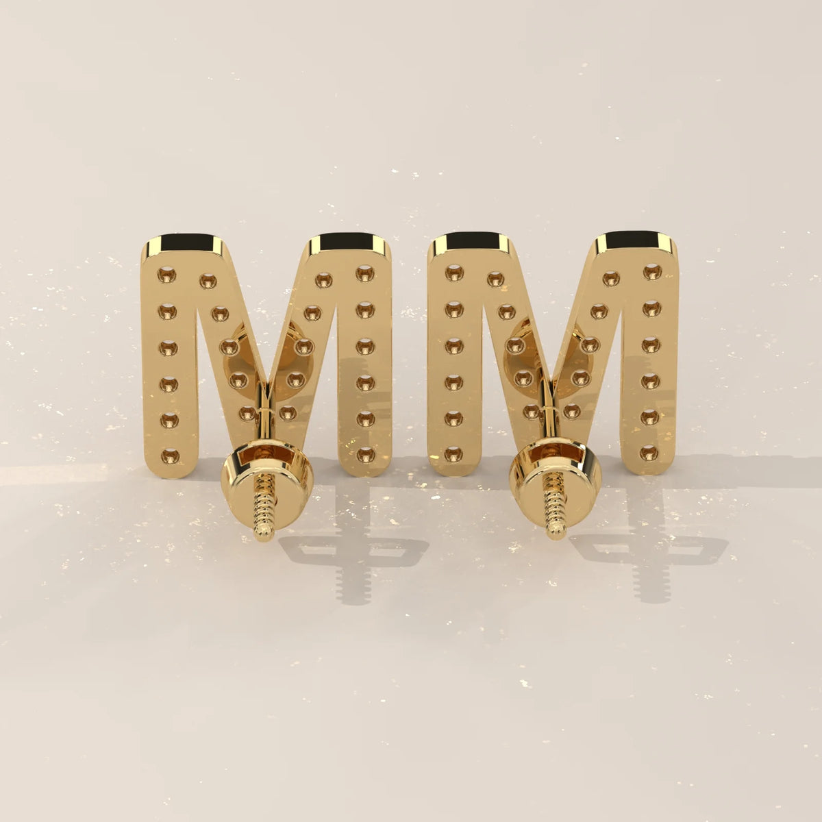 Letter M Initial Pave Lab Grown Diamond Stud Earrings in yellow gold, photographed head-on.
