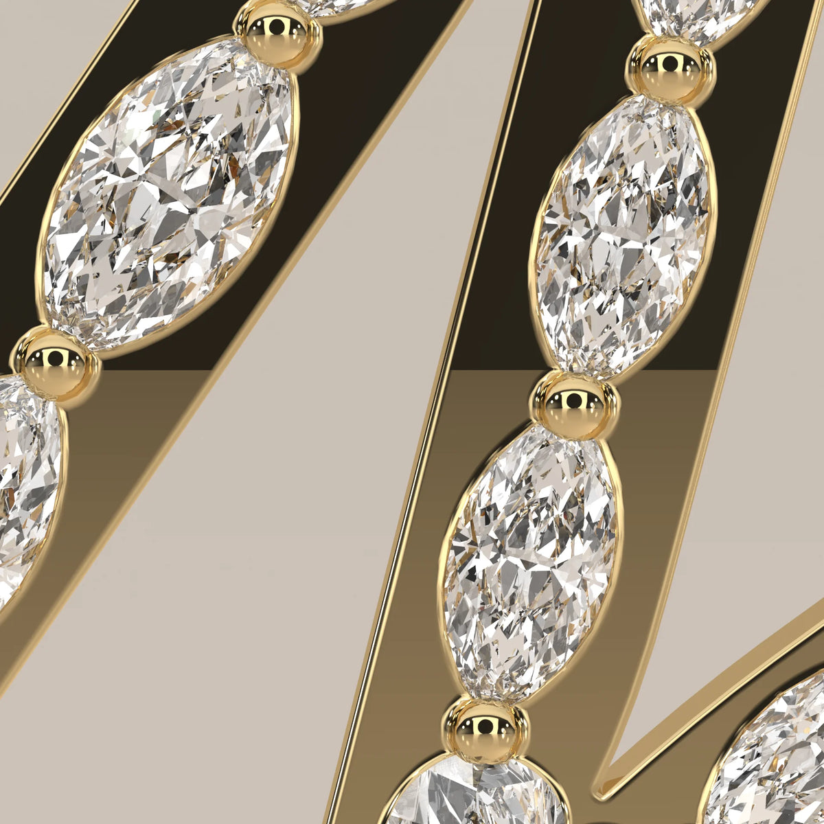 Letter M Initial Pendant with Marquise Lab Grown Diamonds in yellow gold, front view on a plain background.