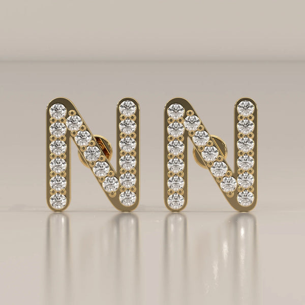 Letter N Initial Pave Lab Grown Diamond Stud Earrings in yellow gold, shown from the front.