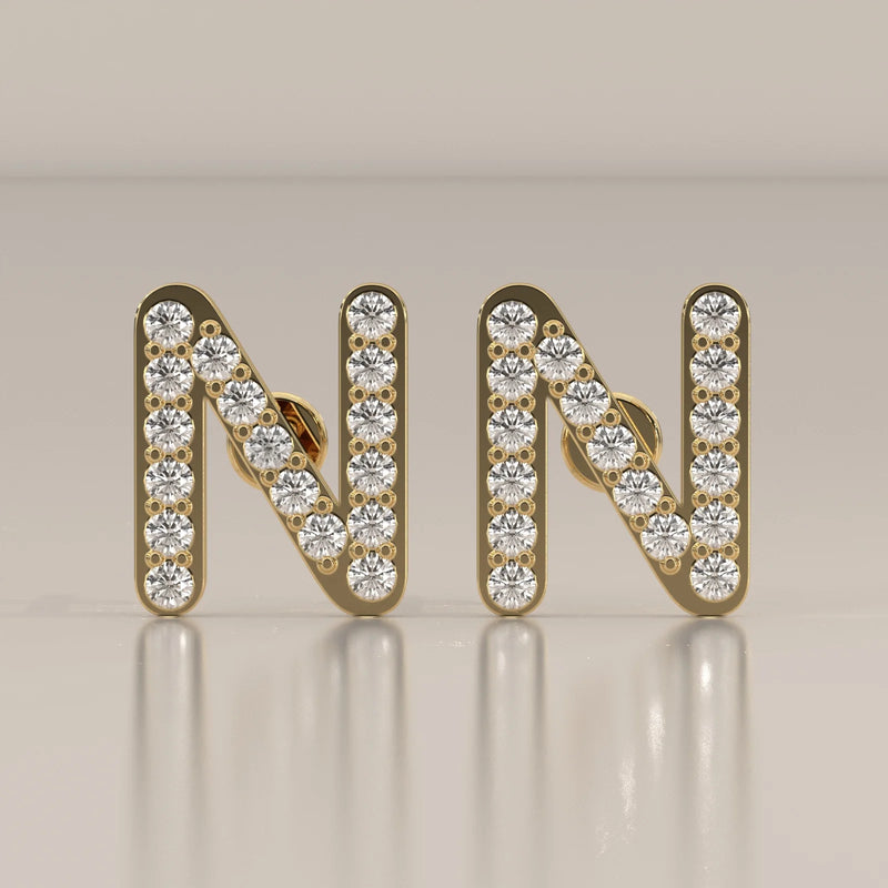Letter N Initial Pave Lab Grown Diamond Stud Earrings in yellow gold, shown from the front.