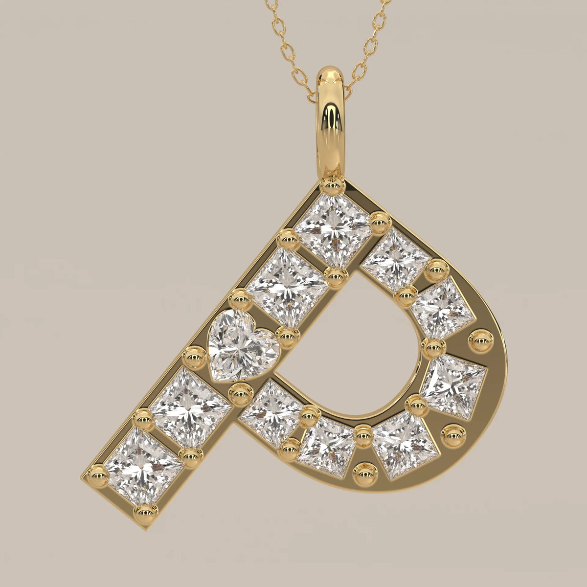 Letter P Initial Pendant with Princess Cut Lab Grown Diamonds in yellow gold, front view on a plain background.