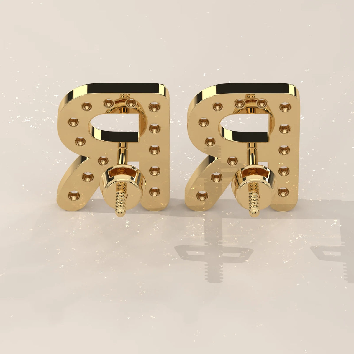 Letter R Initial Pave Lab Grown Diamond Stud Earrings in yellow gold, photographed head-on.