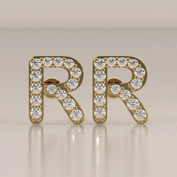 Letter R Initial Pave Lab Grown Diamond Stud Earrings in yellow gold, shown from the front.