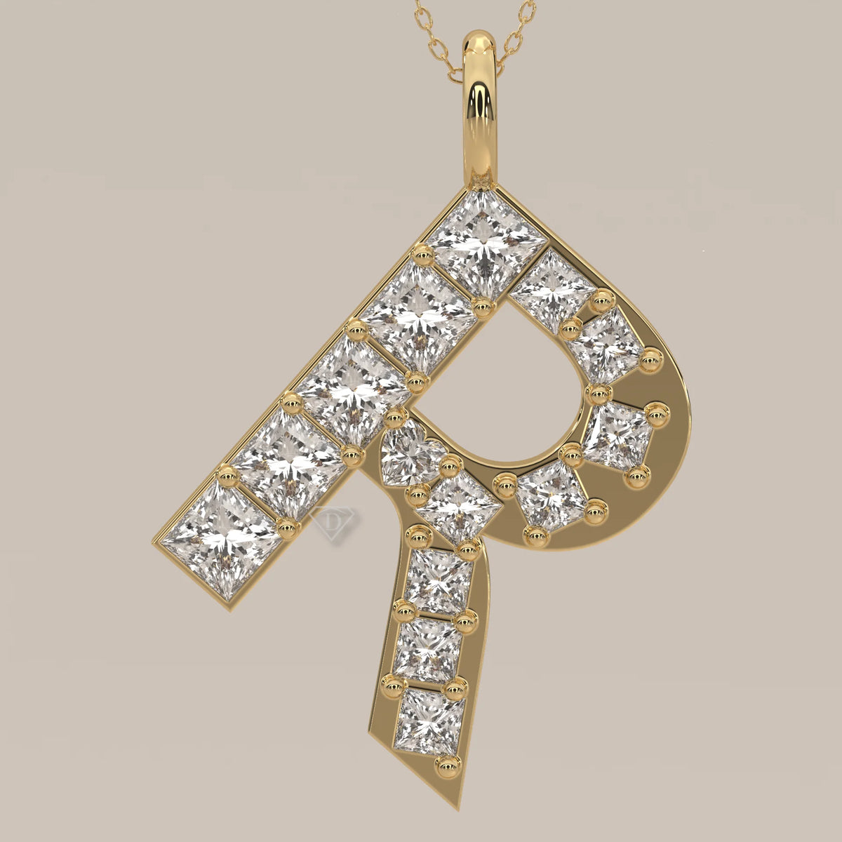 Letter R Initial Pendant with Princess Cut Lab Grown Diamonds in yellow gold, front view on a plain background.