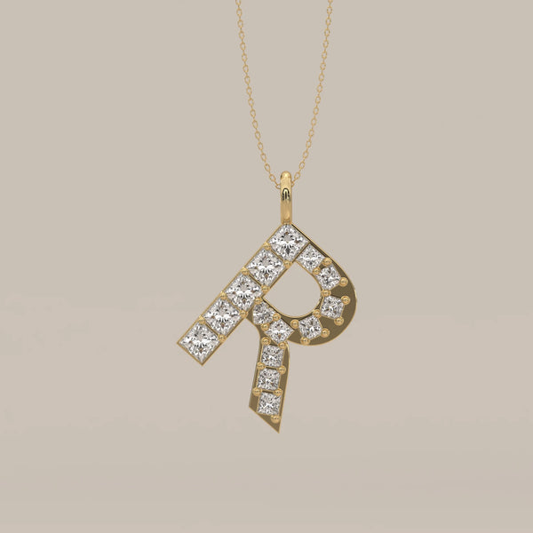 Letter R Initial Pendant with Princess Cut Lab Grown Diamonds in yellow gold, shown from the front.