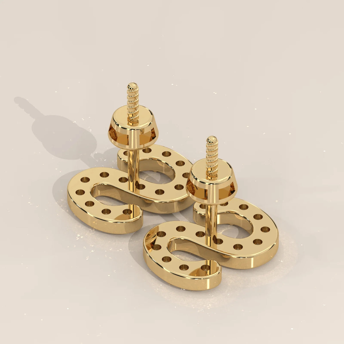 Letter S Initial Pave Lab Grown Diamond Stud Earrings in yellow gold, shown at an angle.