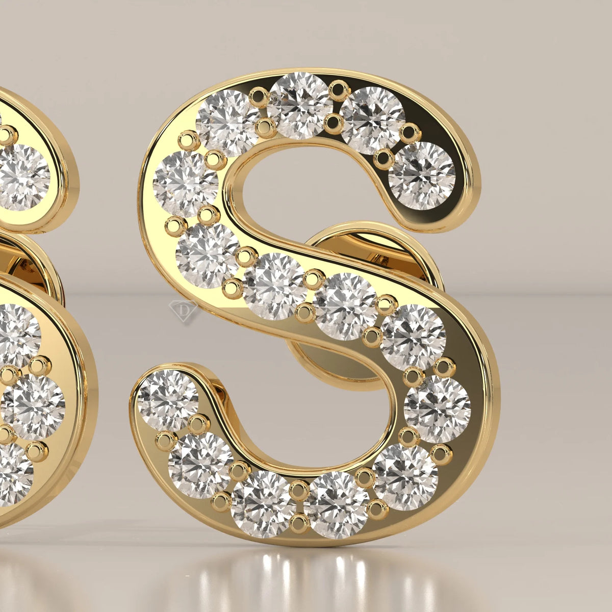 Letter S Initial Pave Lab Grown Diamond Stud Earrings in yellow gold, shown on a plain background.