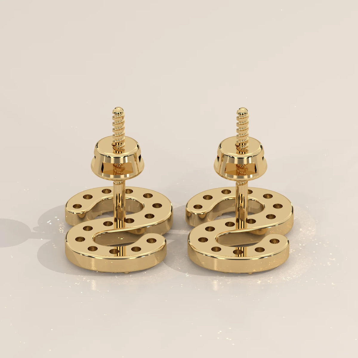 Letter S Initial Pave Lab Grown Diamond Stud Earrings in yellow gold, product photograph on a plain background.