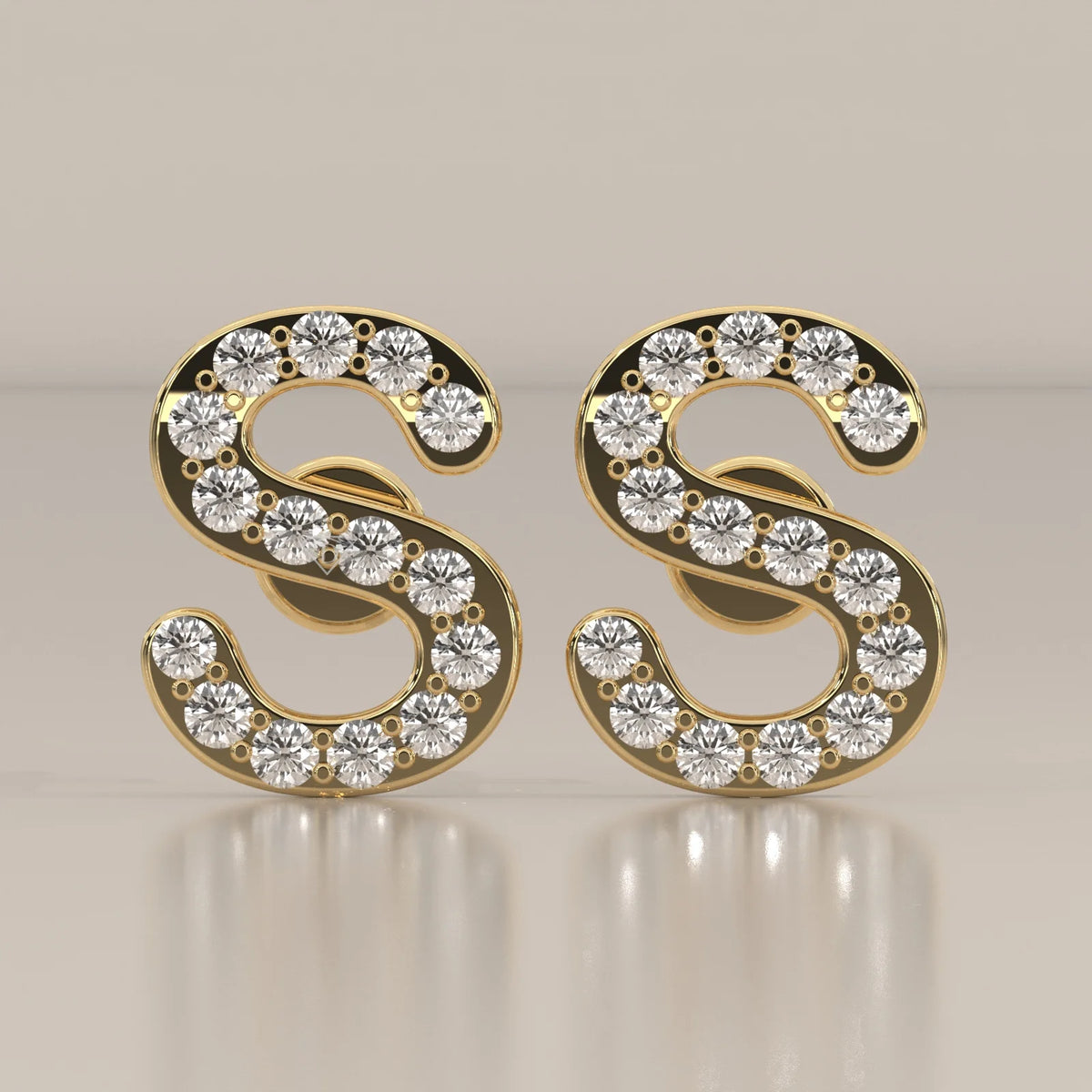 Letter S Initial Pave Lab Grown Diamond Stud Earrings in yellow gold, shown from the front.