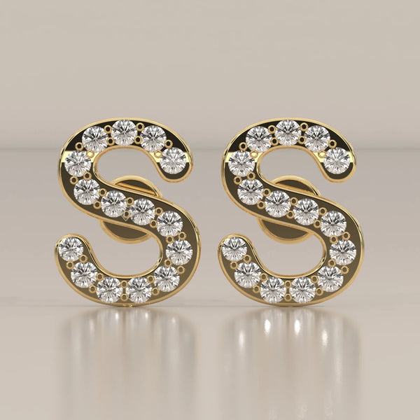 Letter S Initial Pave Lab Grown Diamond Stud Earrings in yellow gold, shown from the front.