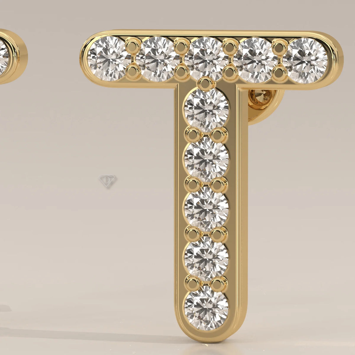 Letter T Initial Pave Lab Grown Diamond Stud Earrings in yellow gold, front view on a plain background.